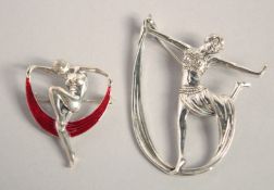 TWO SILVER ART DECO STYLE LADY BROOCHES.