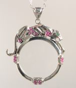 A SILVER ART DECO STYLE PANTHER RUBY SET SPY GLASS AND CHAIN.