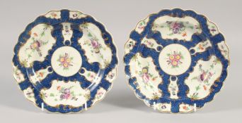 18TH CENTURY WORCESTER PAIR OF BLUE SCALE PLATES painted with flowers, script W mark in blue.