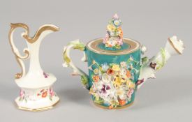 A 19TH CENTURY DERBY MINIATURE FLORAL ENCRUSTED WATER SPRINKLER with green ground, crown 'D' in