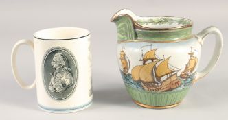 A WEDGWOOD BATTLE OF TRAFALGAR MUG AND A ROYAL DOULTON SHIP JUG. (2). 4.75ins & 6ins high.