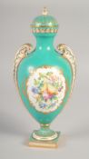 A 19TH CENTURY COALPORT VASE AND COVER painted with fruit and flowers on a blue green ground by