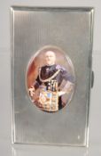 A GOOD LARGE HEAVY ENGINE TURNED CIGARETTE CASE with and oval enamel of The Masonic Grand Master.