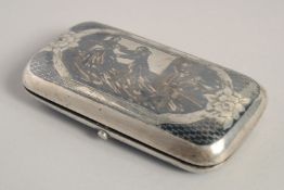 A GOOD RUSSIAN SILVER NIELLO CASE the lid engraved with figures. 3.75ins long. Mark: 13C over