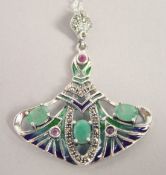 A SILVER EMERALD PLIQUE-A-JOUR NOUVEAU STYLE PENDANT AND CHAIN.