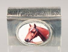 A SMALL SILVER BOOK SHAPED COMPACT with an enamel of a horse. 1.75ins x 1in.
