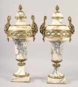 A VERY GOOD PAIR OF LOUIS XVI MANNER VEINED MARBLE GILT BRONZE CASSOLETTES with pineapple finials