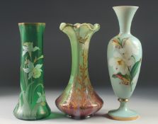 THREE VARIOUS 20TH CENTURY ART GLASS VASES. 16ins, 12ins & 12ins high. (3).