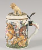 A CAPODIMONTE PORCELAIN TANKARD AND COVER.