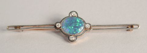 A BLACK OPAL AND DIAMOND BAR BROOCH.