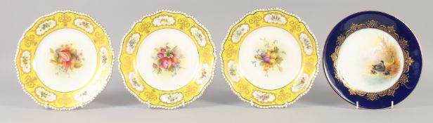 A ROYAL WORCESTER PLATE, DUCKS by G. Johnson signed and THREE ROYAL WORCESTER FRUIT PAINTED PLATE