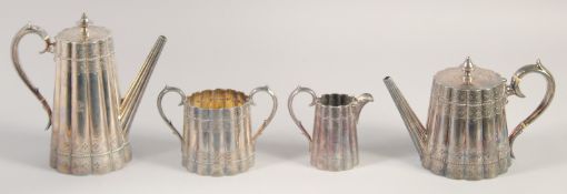 A VICTORIAN SILVER BAMBOO DESIGN FOUR PIECE TEA SET, comprising: tea pot, hot water jug, sugar basin