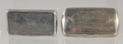 A SILVER NIELLO SNUFF BOX, boats and buildings, 3ins long and a 19th CENTURY SWEDISH SNUFF BOX, 3.