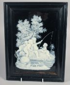 A LATE 19TH CENTURY ENGLISH PORCELAIN FINE PATE SUR PATE PLAQUE decorated with children fishing on