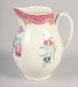 AN 18TH CENTURY WORCESTER JUG painted with flowers and an internal pink diaper border.