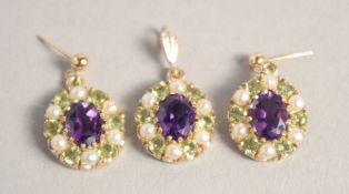 A 9CT GOLD AMETHYST, PERIDOT AND PEARL PENDANT AND EARRINGS.