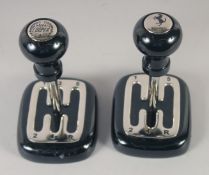 A PAIR OF GEAR STICKS, Mini cooper and Ferrari. 7ins high.