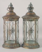 A PAIR OF CIRCULAR COPPER LANTERNS.