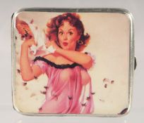 A SILVER CIGARETTE CASE BY MAPPIN AND WEBB, with later enamel decoration of a scantily clad woman.