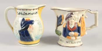 A LORD WELLINGTON & NELSON JUG. 6ins & 5.75ins high.