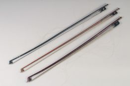 THREE CELLO BOWS. Length approx. 28 inches