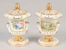 19TH CENTURY DERBY PAIR OF POTPOURRI VASES AND COVERS each side painted with either flowers or