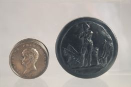 A NAPOLEON CIRCULAR BOX, 3ins diameter and a METAL BONAPARTE BOX AND COVER, 2ins diameter. (2).