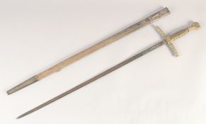 A REPLICA OF A KNIGHTLY SWORD, early 20th century, slender fullered straight pointed 29in blade,