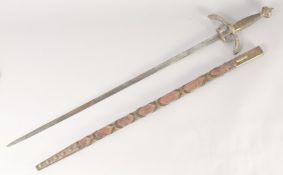 A REPLICA OF A RAPIER, early 20th century, narrow double edged 32in blade, brass hilt, downturned