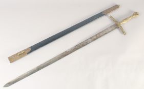A THEATRICAL REPLICA OF A KNIGHTLY SWORD, early 20th century, straight pointed 33.5 in blade, cast