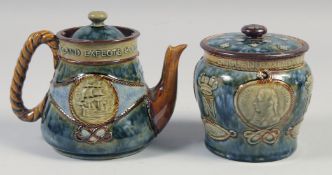 A ROYAL DOULTON STONEWARE TEA POT, 