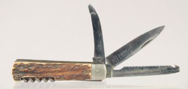 A PUMA ROSTFREI COMBINATION POCKET KNIFE, with antler handle, 4.5