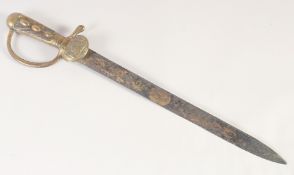 A GERMAN HUNTING SWORD, early 19th century. straight double edged blue & gilt decorated blade, brass