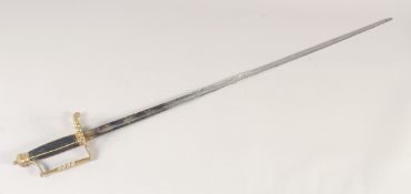 A FRENCH SPADROON, circa 1780, slender blue & gilt straight blade decorated with trophies of arms,