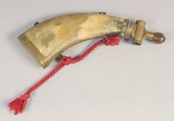 A LARGE FRENCH POWDER HORN, mid-19th century, flattered cow horn body, with brass adjustable spout