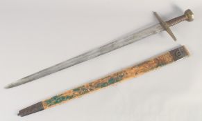 A REPLICA OF A KNIGHTLY SWORD, early 20th century, wide tapering pointed 31.5 in blade, hilt with