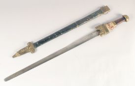 A REPLICA OF A PERSIAN STYLE SWORD, early 20th century, straight blunt 28in blade, hilt with