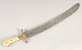 A CURVED HUNTING HANGER, early 19th century, wide fullered blade, gilt brass quillons, grip with