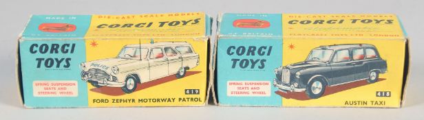CORGI TOYS, Austin Taxi 418 and Ford Zephyr Motorway Control. Boxed (2).
