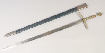 A REPLICA OF A KNIGHTLY SWORD, early 20th century, straight pointed 34in blade, cast brass hilt,