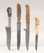 FOUR SMALL KNIVES, with antler and bone handles, 7