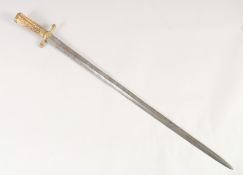 A EUROPEAN RIDING SWORD, circa 1700, double edged straight blade, 'S' shaped brass quillon, brass
