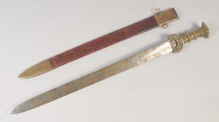 A REPLICA OF AN IRON AGE SWORD, early 20th century, wide straight pointed 27in blade with an