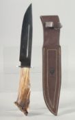 A MUELA SARRIO SPANISH KNIFE, with an antler handle, 13