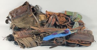 A BOX OF VARIOUS HUNTING BAGS, A HAT, etc.