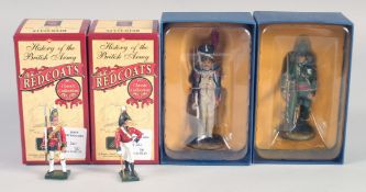 A PAIR OF FRENCH AND ENGLISH CAST SOLDIERS BOXED, and a pair of red coats boxed, (4).