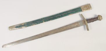 A REPLICA OF A KNIGHTLY SWORD, early 20th century, double edged twin fullered pointed 32 ½ in blade,