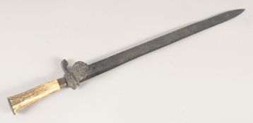 A SHORT EUROPEAN HUNTING SWORD, mid-19th century, straight fullered blade, iron shell guard and