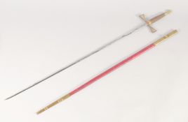 A MASONIC SWORD, late 19th century, narrow oval straight blade engraved with crucifix and compass,