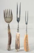 THREE VARIOUS ANTLER HANDLE FORKS.